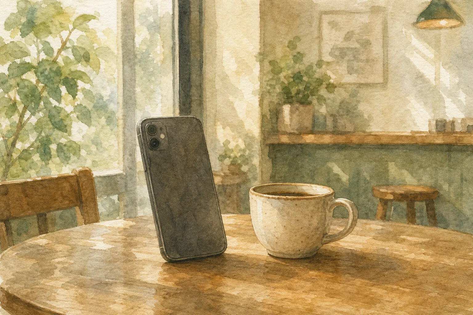 A phone resting upright on a wooden cafe table in soft morning light, evoking the choice of which app to learn Georgian on.