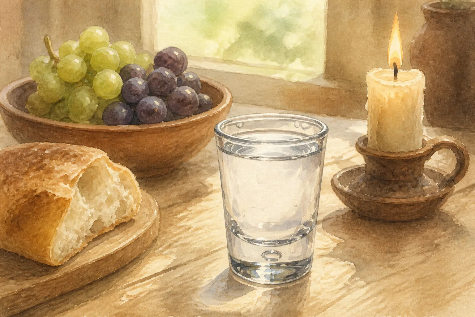 A small glass of clear chacha on a wooden Georgian table at a supra, watercolor in soft warm light.