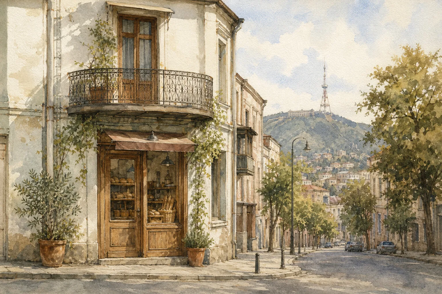 A quiet Tbilisi street in Vera with a corner bakery in soft afternoon light, watercolour.