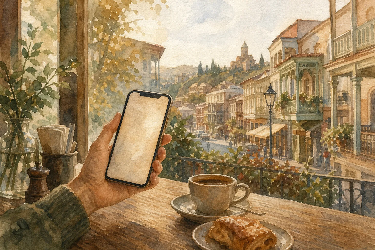 A hand holding a phone at a Tbilisi cafe table while searching for a Georgian course, watercolor in warm afternoon light.