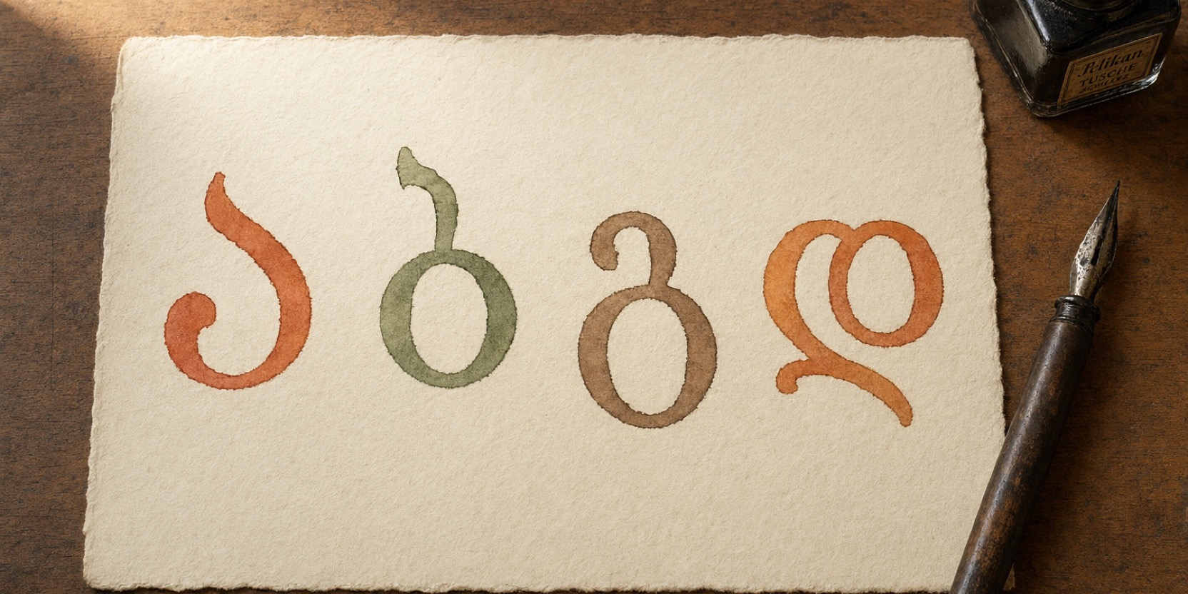 Hand-drawn Georgian letters on paper, grouped in clusters, warm light