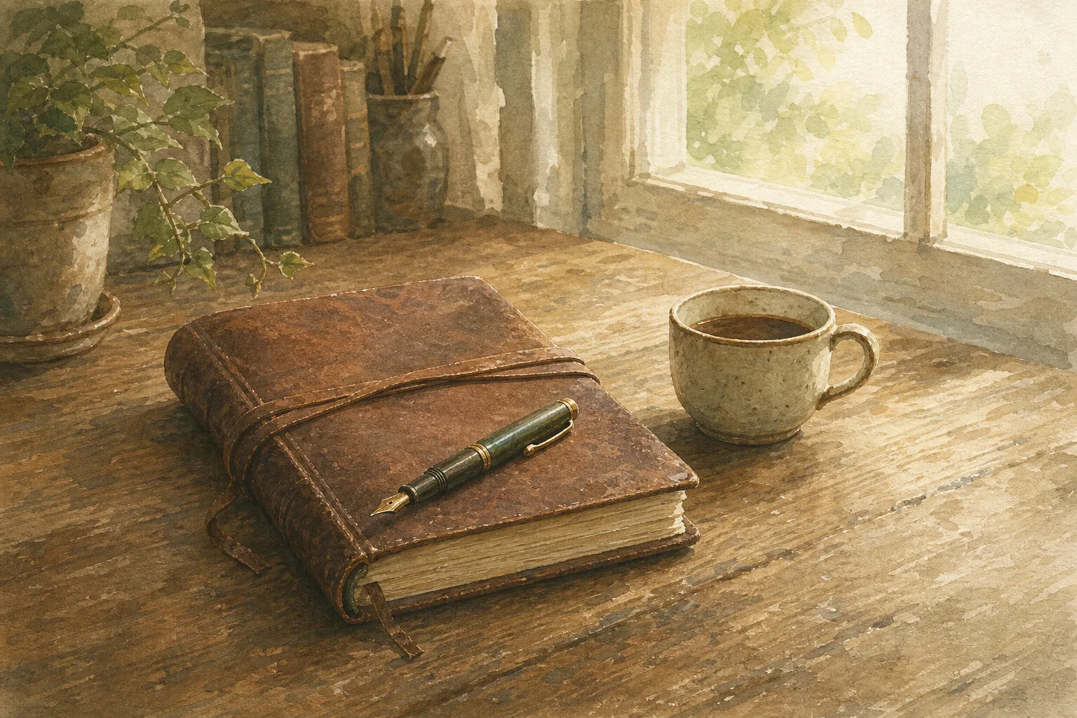 A vintage leather journal closed on a wooden desk, a fountain pen resting on top, a small coffee cup beside, soft morning daylight.