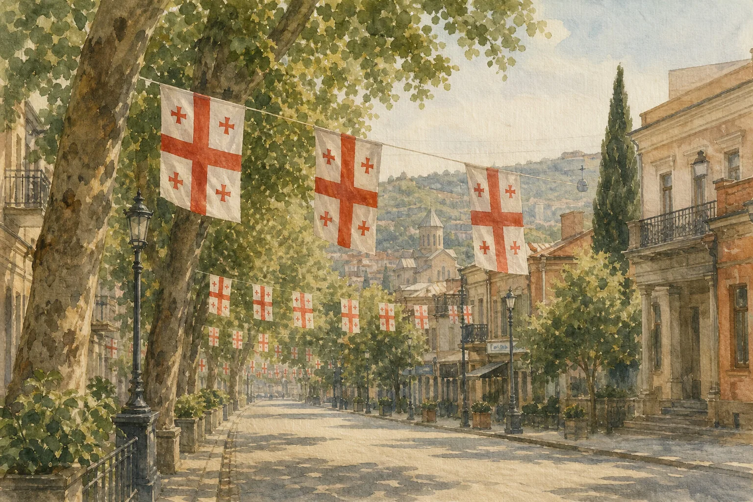 Georgian flags strung along a Tbilisi avenue for Georgian Independence Day, watercolor illustration