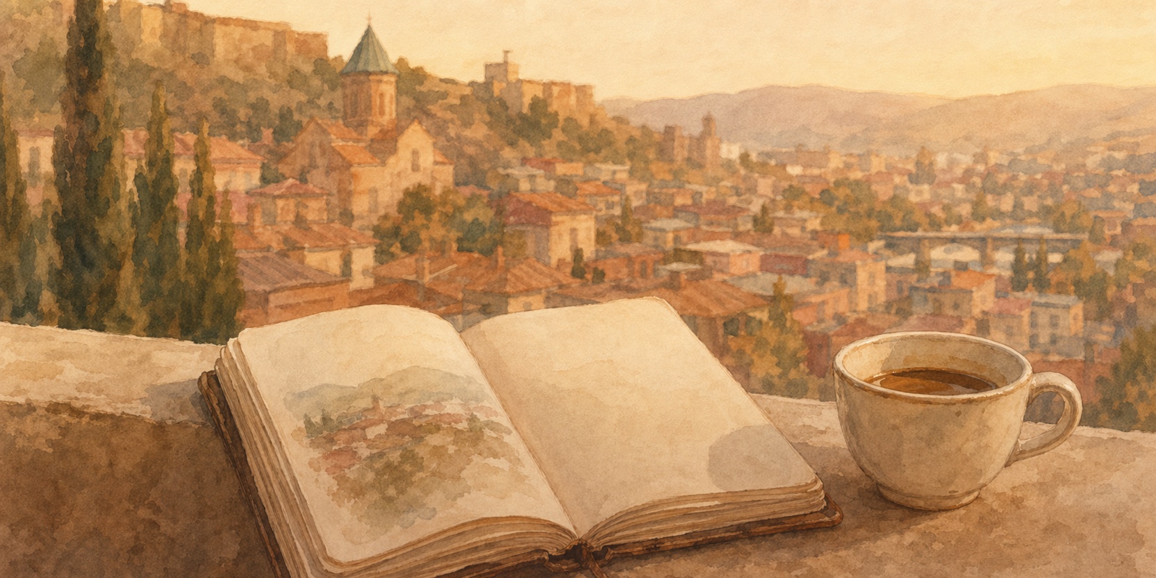 Hand holding a small phrasebook on a Tbilisi balcony, blurred city behind