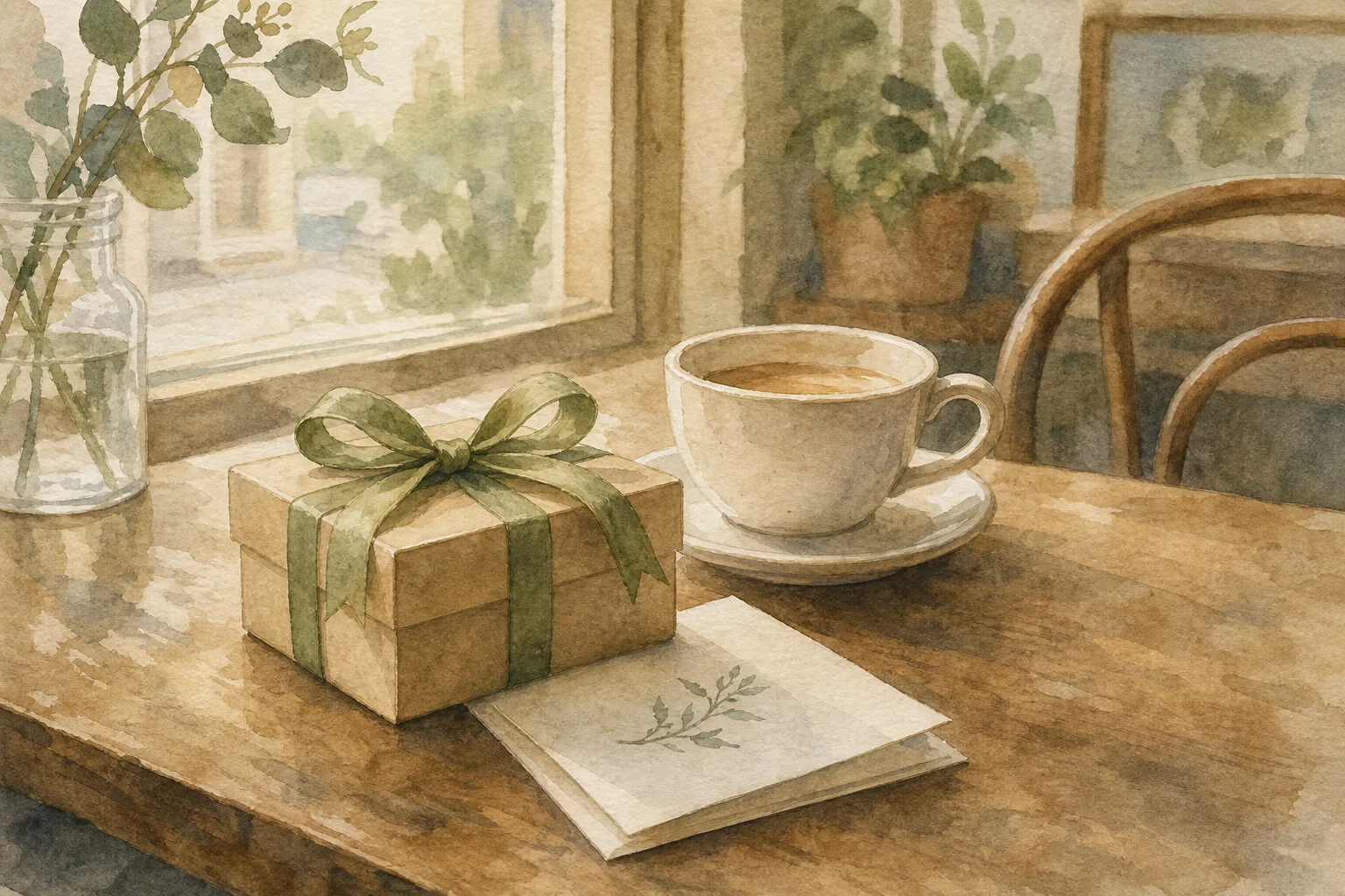 A small wrapped gift on a wooden cafe table next to a coffee and a handwritten card, warm watercolor