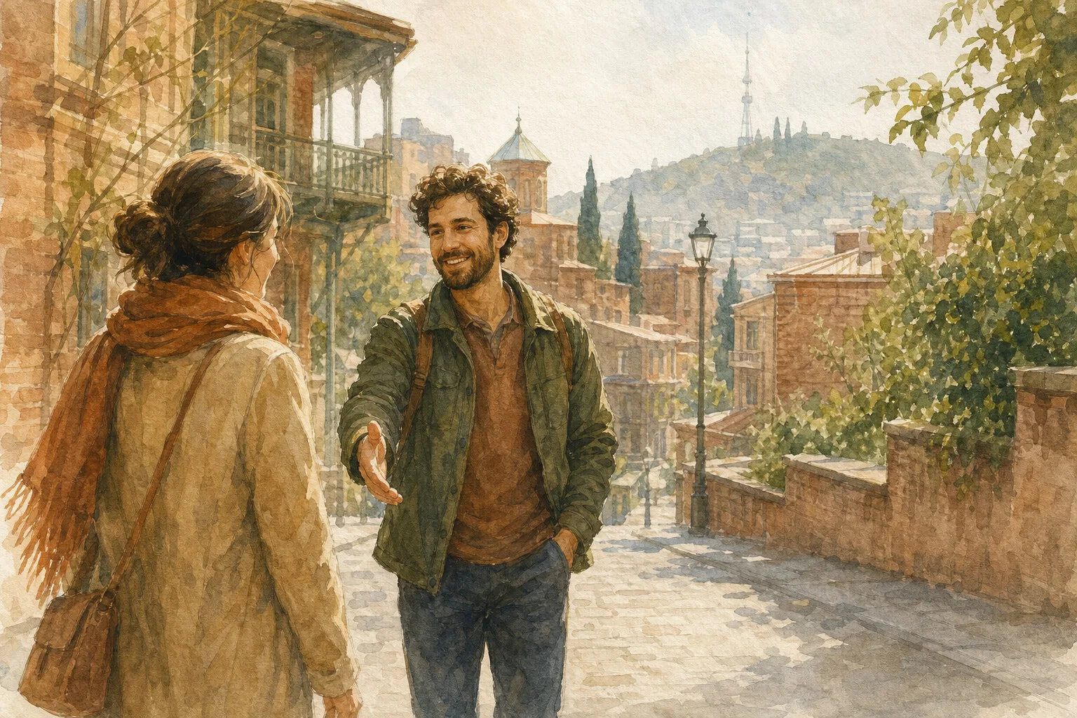 Two figures meeting on a Tbilisi street in soft afternoon light, watercolor.