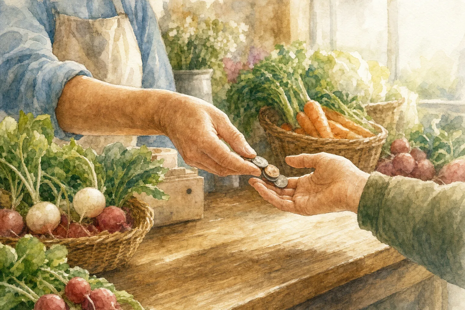 A hand passing change across a market counter, warm afternoon light, soft watercolor.