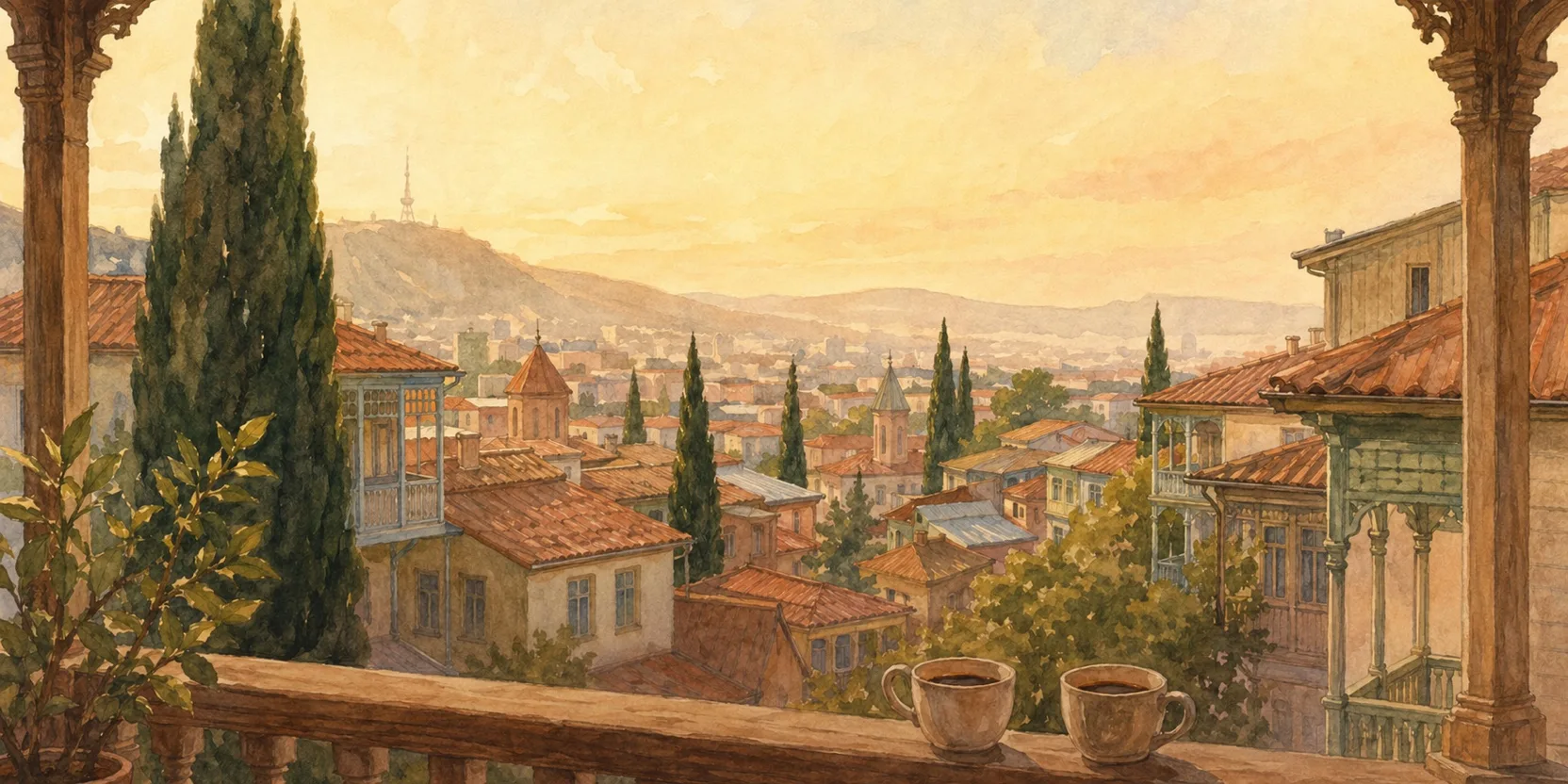 Tbilisi rooftops at golden hour, balcony in foreground