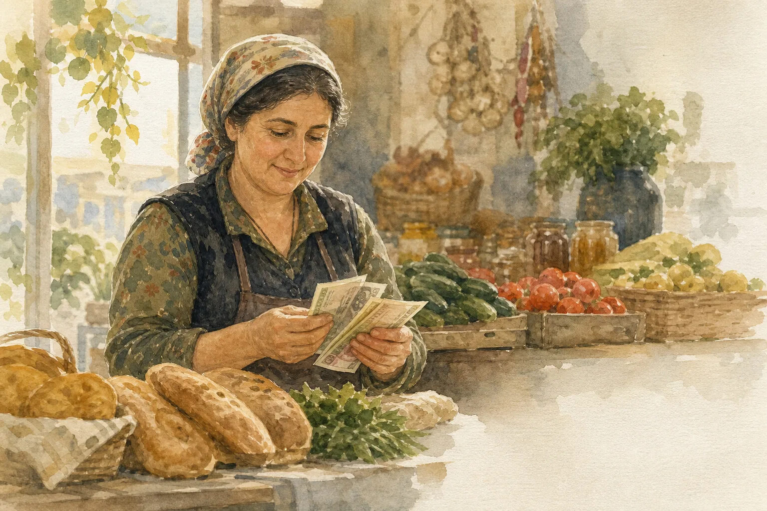 A hand counting Georgian lari banknotes at a market stall, soft daylight, warm tones, watercolor.