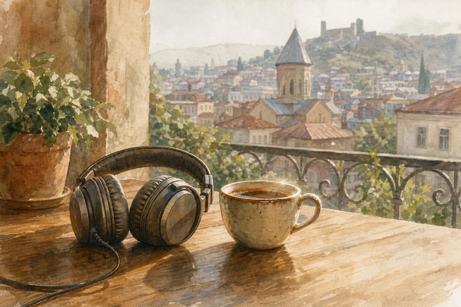 Over-ear headphones resting on a wooden cafe table beside a ceramic coffee cup, a Tbilisi balcony scene blurred behind, warm morning light, watercolor.