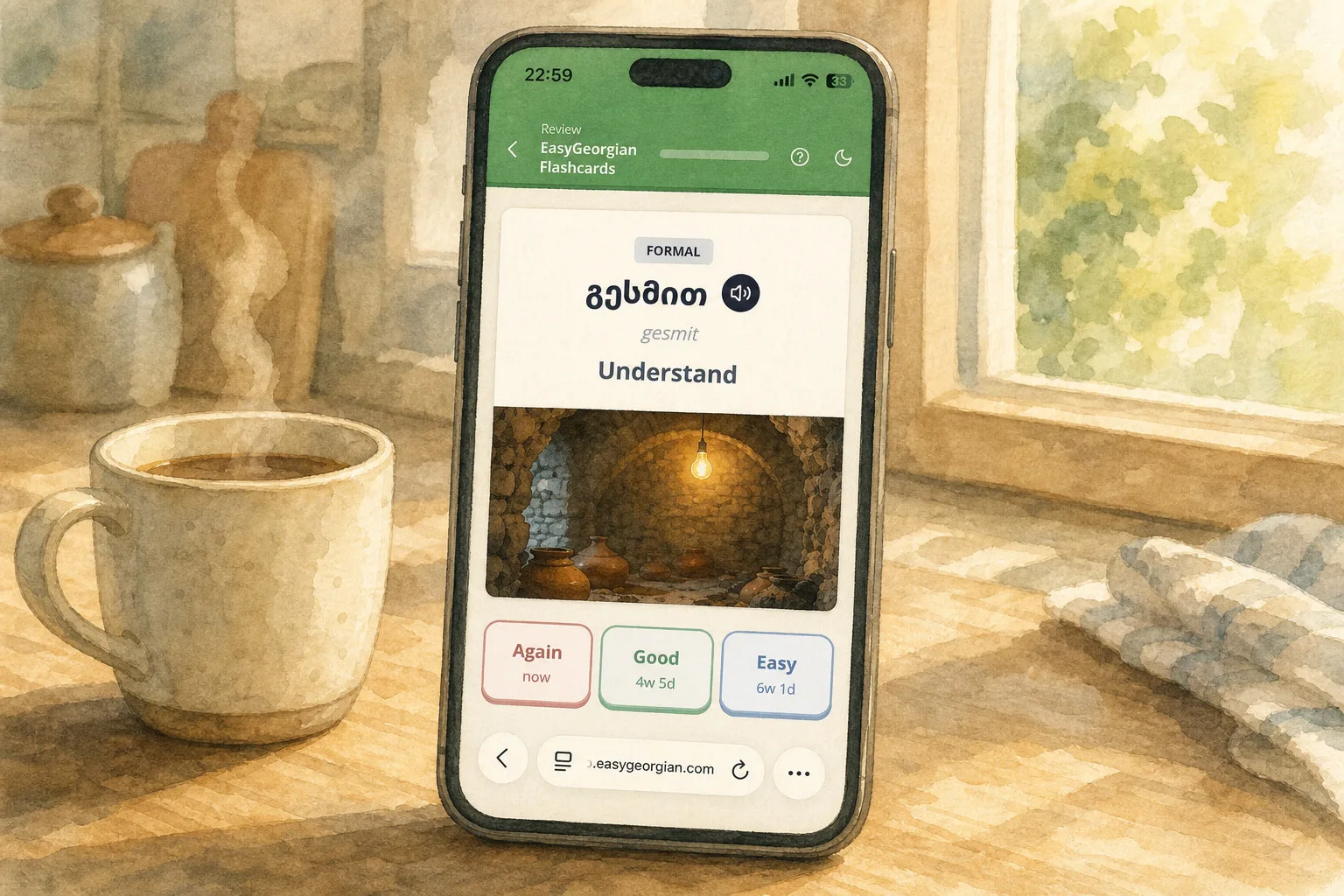 A phone on a kitchen counter showing a flashcard with an image and a play button, watercolor in soft morning light.