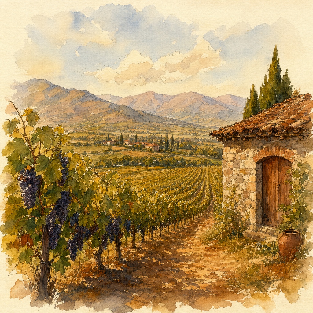 A Kakheti vineyard in late summer, rows of grapevines stretching toward the Caucasus foothills with a small stone winery building