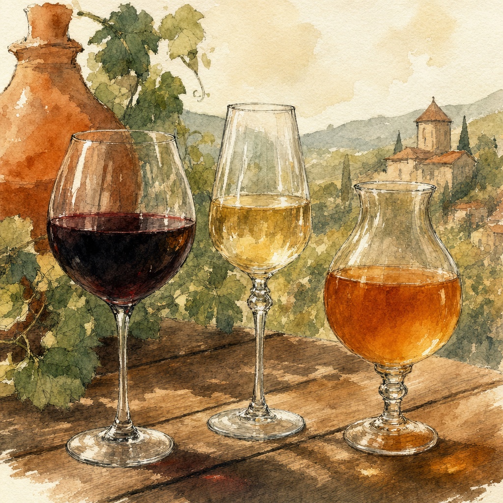 Three Georgian wines side by side: deep red Saperavi, pale gold Rkatsiteli, amber qvevri-fermented Rkatsiteli, on a wooden table with a vineyard backdrop