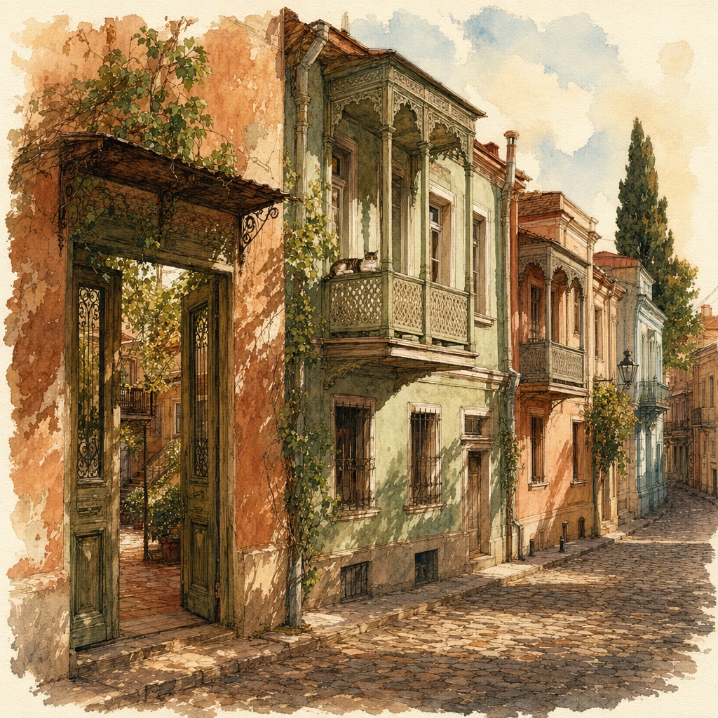 A quiet residential street in Sololaki, old Tbilisi, with carved wooden balconies, peeling pastel facades, and an open courtyard gateway in the late afternoon light