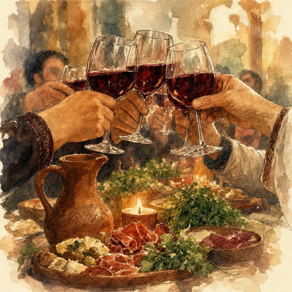 Hands raising glasses of red Saperavi wine in a toast at a candlelit Georgian supra, with a clay wine pitcher and food spread below