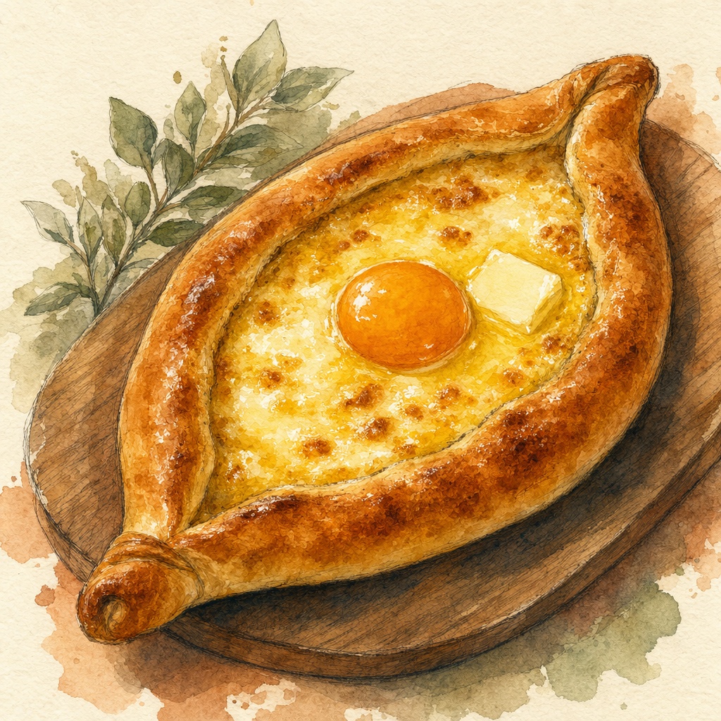 Adjarian khachapuri (Acharuli), boat-shaped Georgian cheese bread with egg yolk and butter in the center