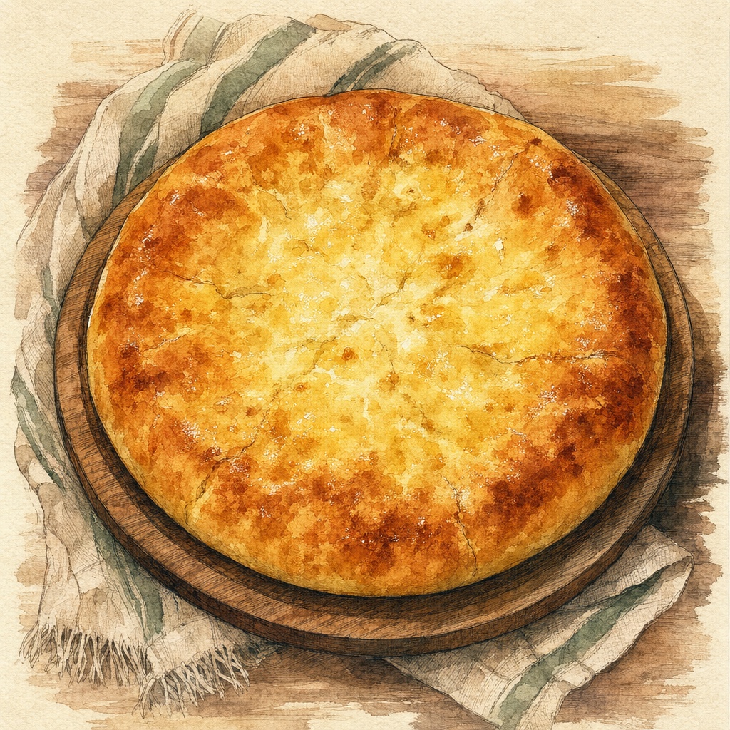 Imeretian khachapuri (Imeruli), a round closed Georgian cheese bread on a wooden board