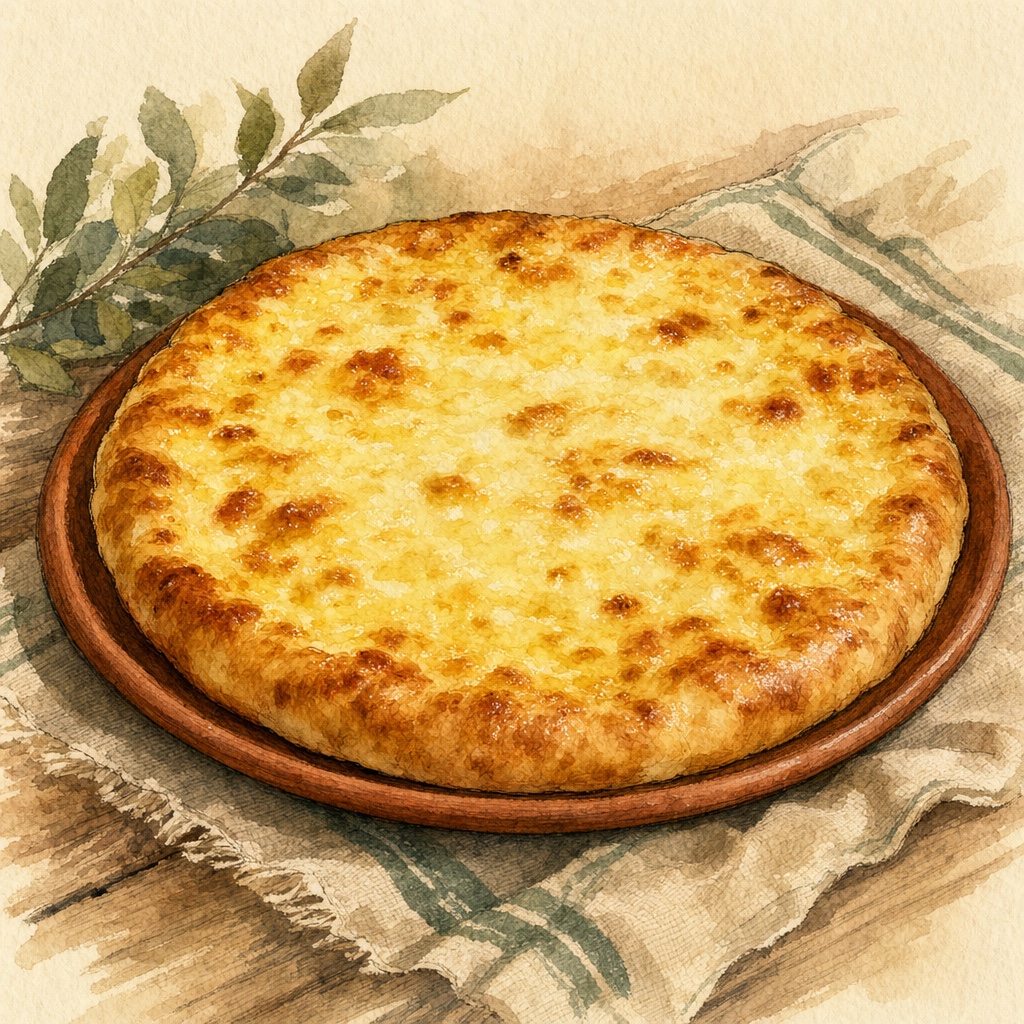 Megrelian khachapuri (Megruli), with melted cheese on top, on a wooden plate