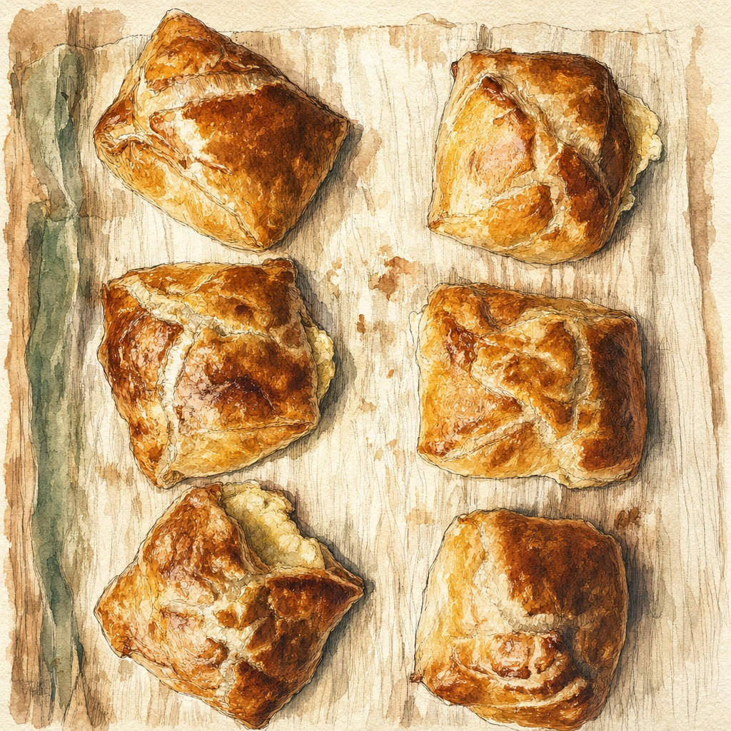 Penovani khachapuri made with golden puff pastry, square shape with melted cheese in the center