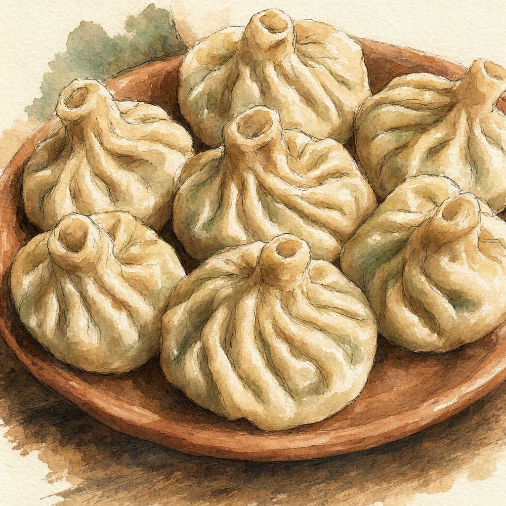 Khinkali Georgian dumplings in a clay bowl, showing the pleated dough and twisted knots on top